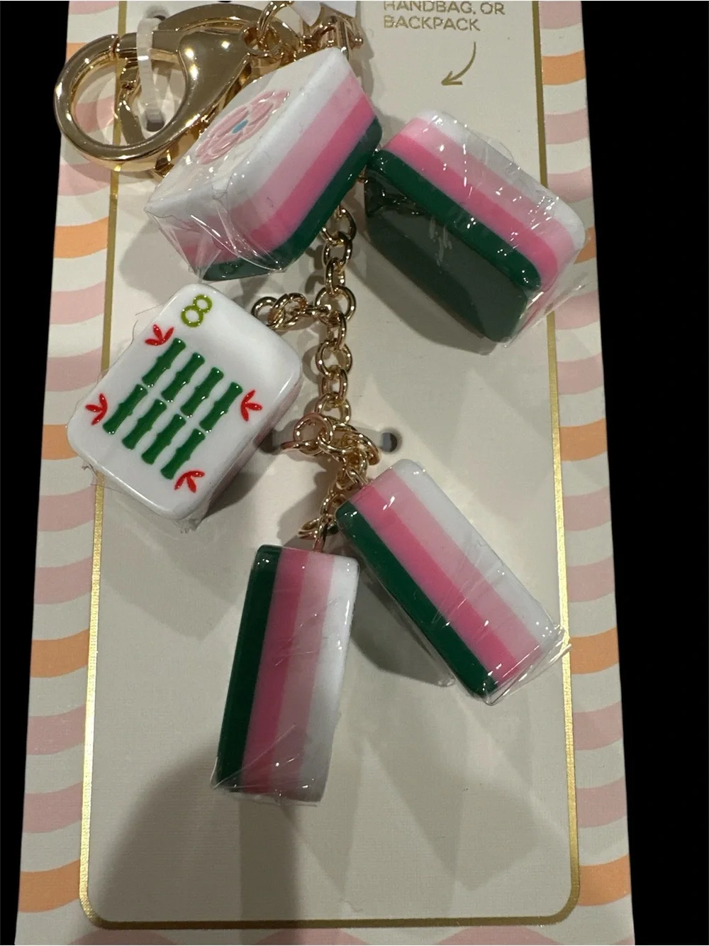Gold Mahjong Tile Keychain with Pink & Green Accents